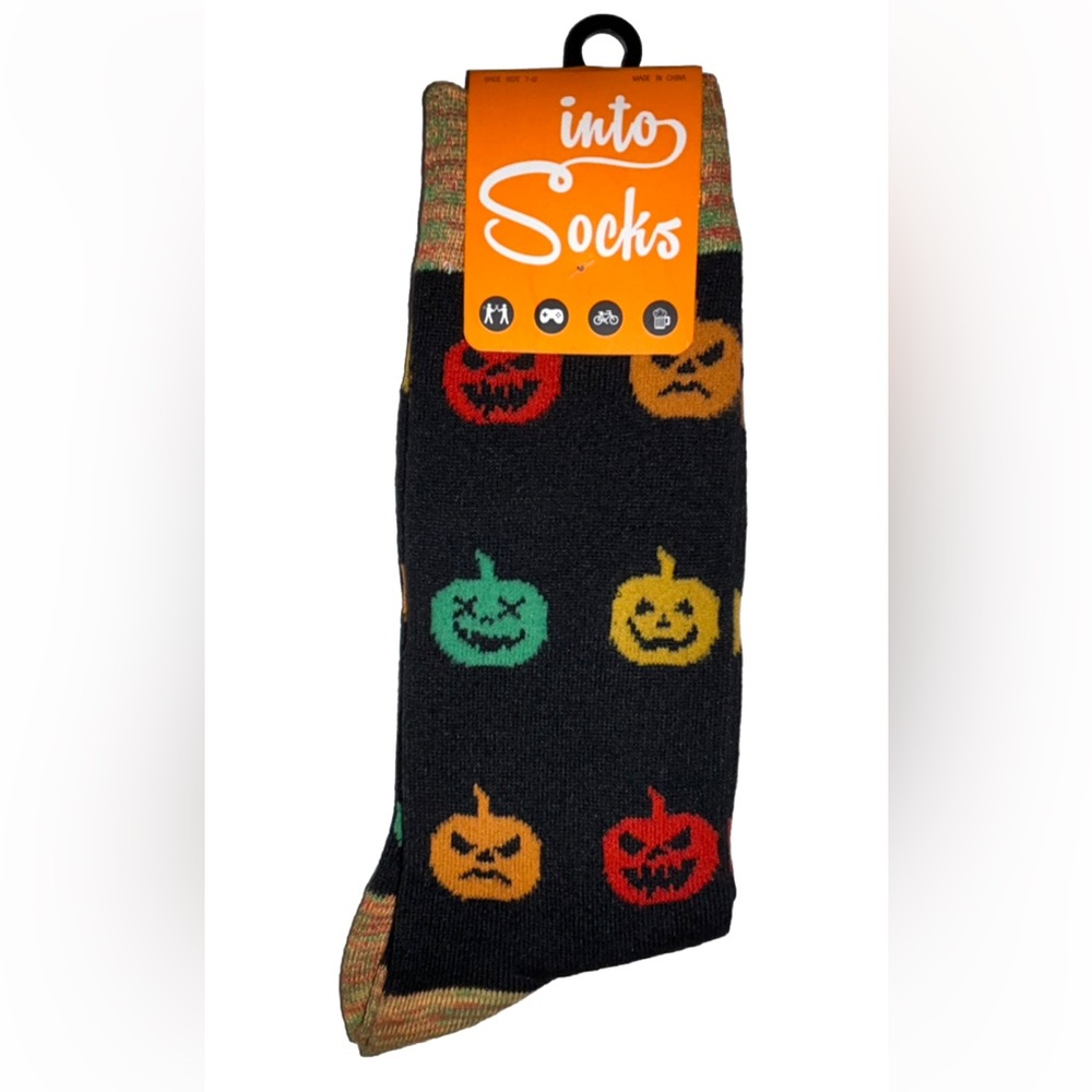 Into Socks Halloween Crew Socks 1 Pair Men's 7-12 Black Orange w Jack O'lantern